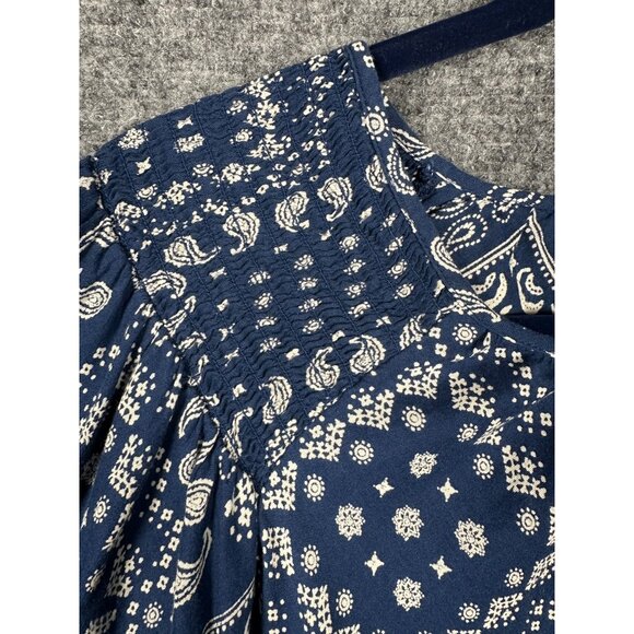 Old Navy Bandana Print Smocked Shoulder Poet Blouse XL Blue Boho Coastal Cowgirl - Picture 8 of 10